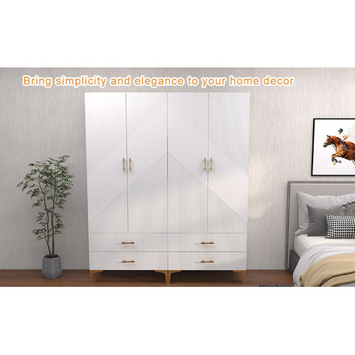 Everly Quinn Wardrobe Armoire Closet with Hanging Rods and Drawers